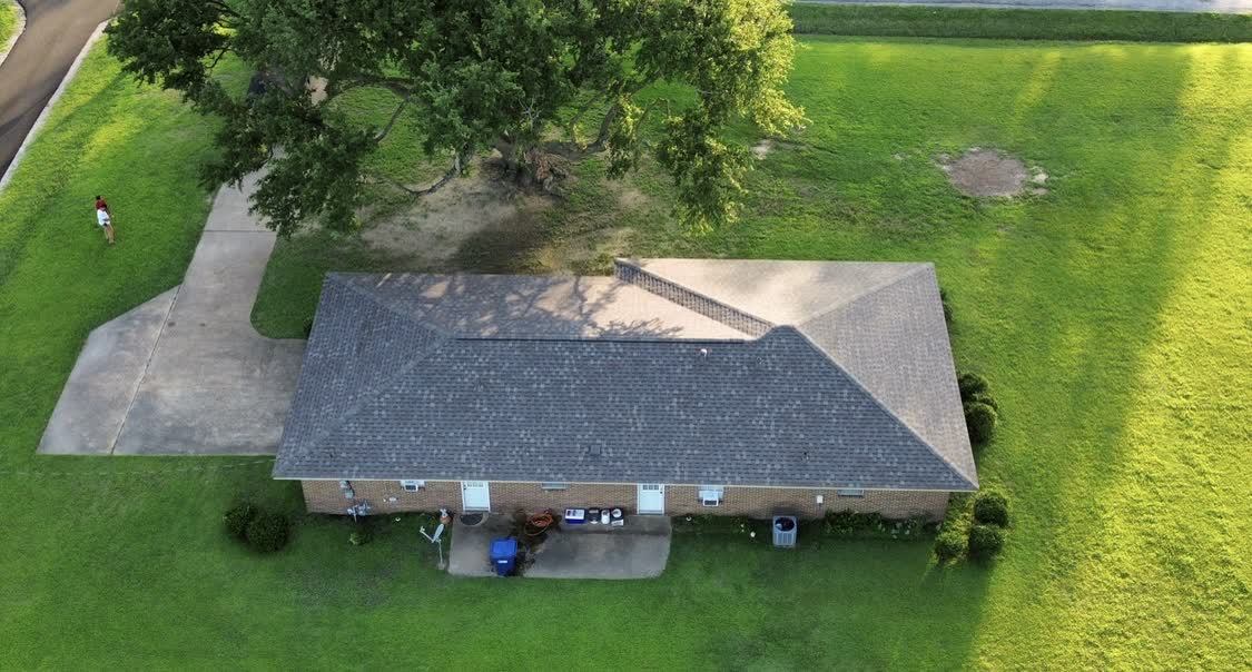 Drone view of completed asphalt shingle roof