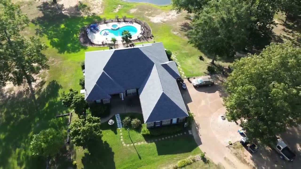 Aerial drone view of a completed Legacy Roofing roof in Central Mississippi